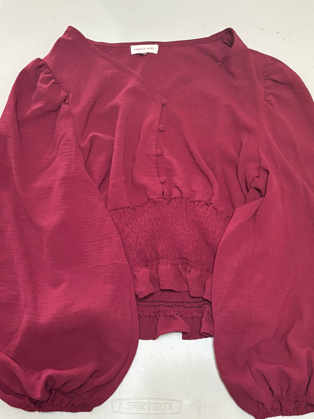 Urban Girl Nites Wine-Red V-Neck Smocked Waist Blouse